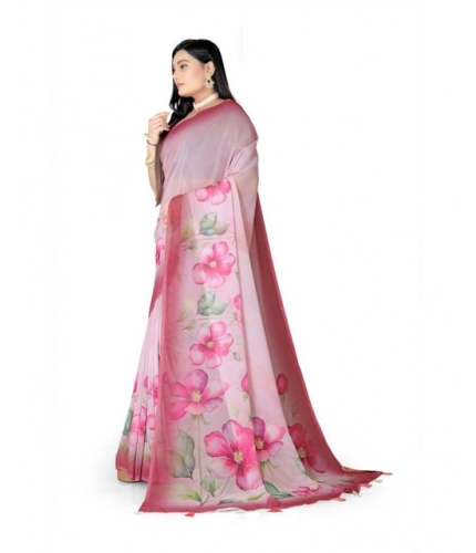 Women's Georgette Floral Printed Saree With Unstitched Blouse 5.5Mtr (Rose Pink)