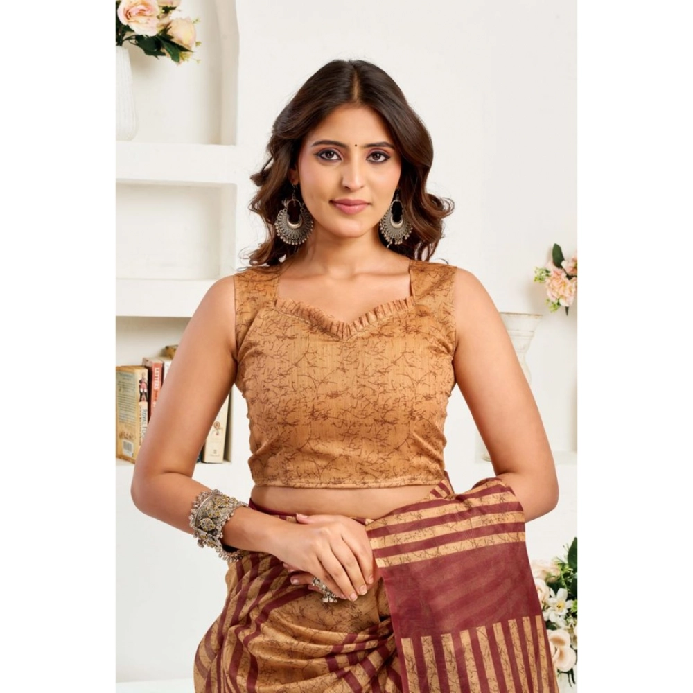 Women's Linen Cotton Printed Ready To Wear Saree With Unstitched Blouse 5.5 Mtr (Brown)