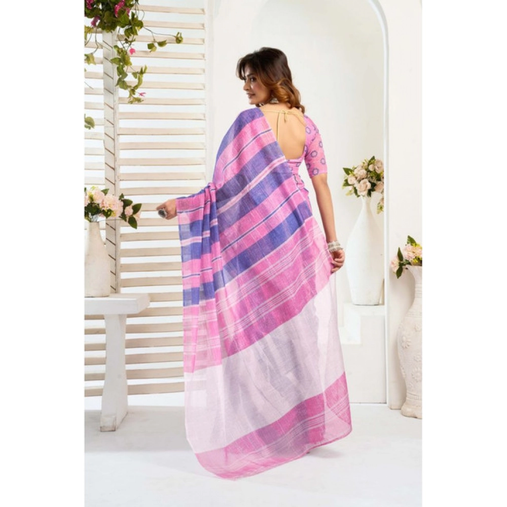 Women's Linen Cotton Printed Ready To Wear Saree With Unstitched Blouse 5.5 Mtr (Pink)