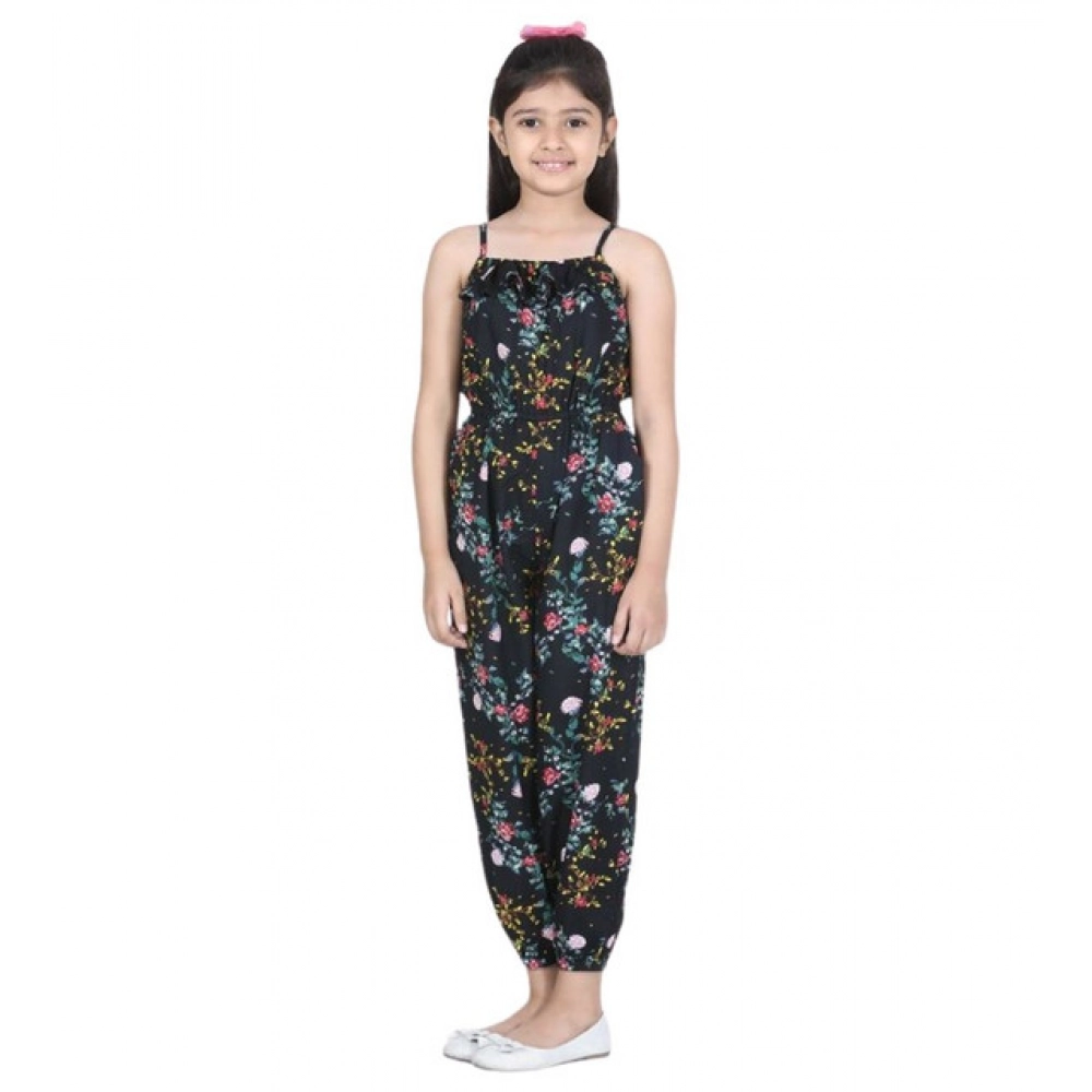 Girl's Rayon Flamingo Print Sleeveless Jumpsuit (Black-Multicolor)