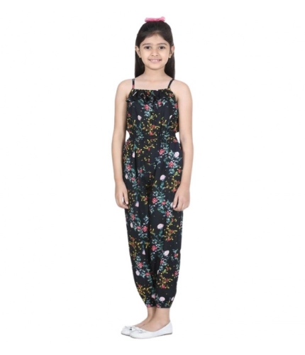 Girl's Rayon Flamingo Print Sleeveless Jumpsuit (Black-Multicolor)