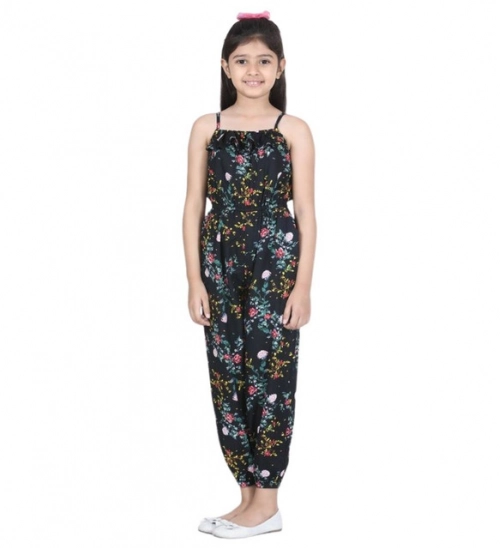 Girl's Rayon Flamingo Print Sleeveless Jumpsuit (Black-Multicolor)