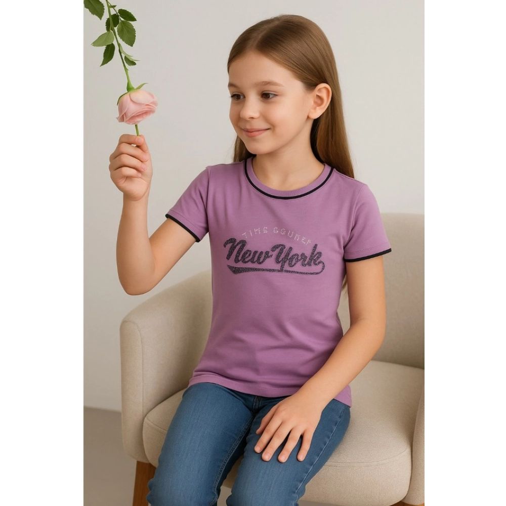 Girl's Cotton Printeded Round Neck T-Shirt (Lavander) Girl's Cotton Printeded Round Neck T-Shirt (Lavander)