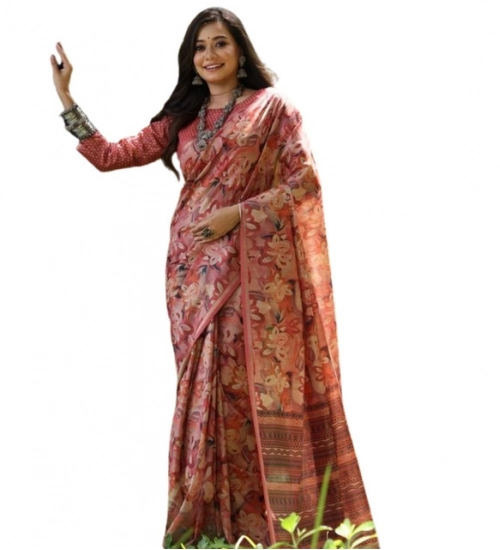 Women's Faux_Tussar_Silk Abstract_Print Saree With Unstitched Blouse 5.5Mtr (Peach) Women's Faux_Tussar_Silk Abstract_Print Saree With Unstitched Blouse 5.5Mtr (Peach)