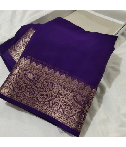 Women's Crepe Chit Pallu Solid Saree With Unstitched Blouse 5.5Mtr (Purple)