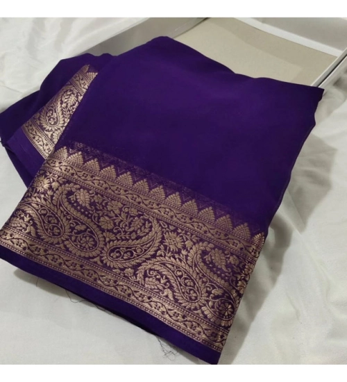 Women's Crepe Chit Pallu Solid Saree With Unstitched Blouse 5.5Mtr (Purple)