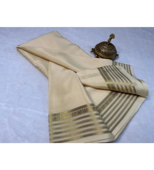 Women's Crepe Chit Pallu Solid Saree With Unstitched Blouse 5.5Mtr (Beige)