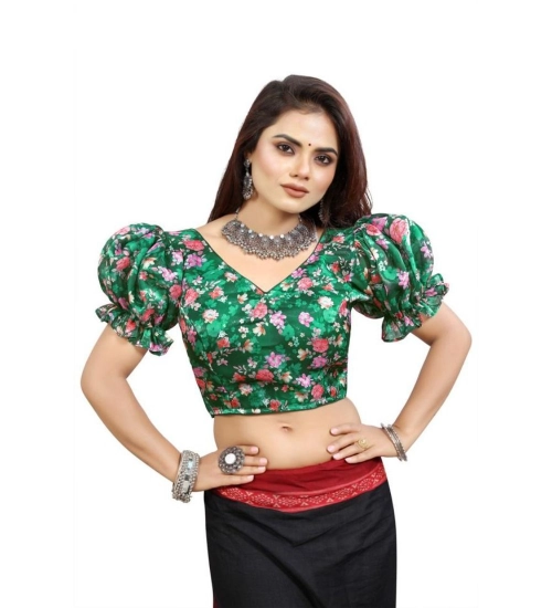 Women's Organza Printed V Neck Puff Sleeve Readymade Blouse (Green 38 , Alterable up to 42)-PID65863 Women's Organza Printed V Neck Puff Sleeve Readymade Blouse (Green 38 , Alterable up to 42)-PID65863