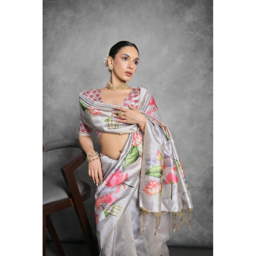 Women's Cotton Printed Saree With Unstitched Blouse 5.5 Mtr (Grey) Women's Cotton Printed Saree With Unstitched Blouse 5.5 Mtr (Grey)