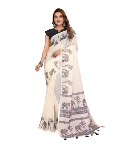 Women's Linen Cotton Printed Saree With Unstitched Blouse 5.5Mtr (Off White)