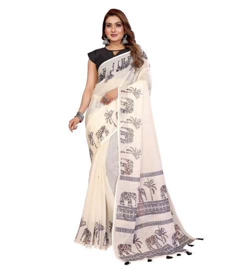 Women's Linen Cotton Printed Saree With Unstitched Blouse 5.5Mtr (Off White) Women's Linen Cotton Printed Saree With Unstitched Blouse 5.5Mtr (Off White)