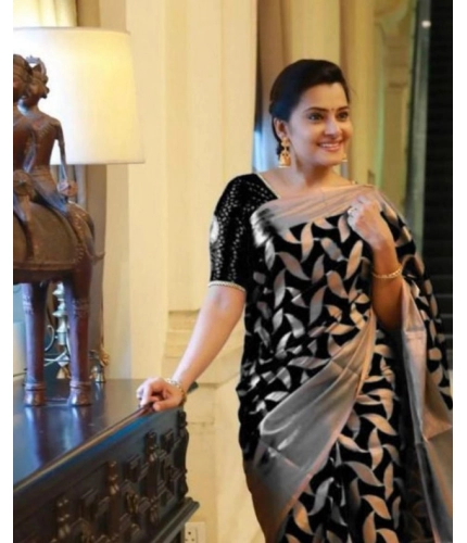 Women's Litchi silk Printed Saree With Unstitched Blouse (Black) Women's Litchi silk Printed Saree With Unstitched Blouse (Black)