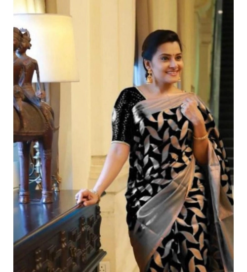 Women's Litchi silk Printed Saree With Unstitched Blouse (Black)