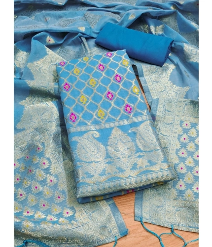 Women's Banarasi Silk Printed Unstitched Salwar Suit Material With Dupatta (Sky Blue, 3Mtrs)