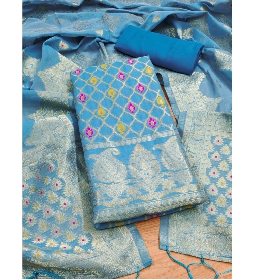 Women's Banarasi Silk Printed Unstitched Salwar Suit Material With Dupatta (Sky Blue, 3Mtrs)