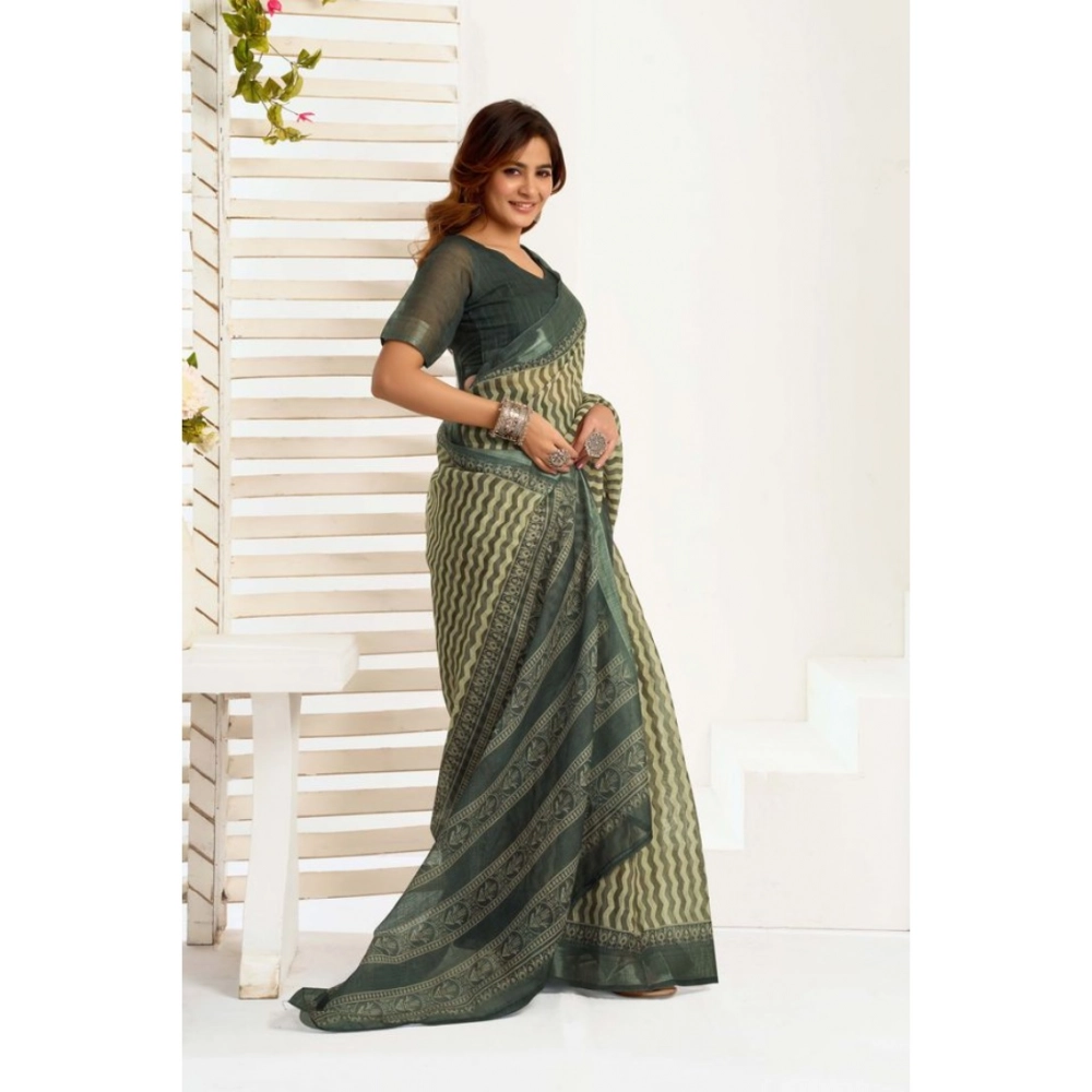 Women's Linen Cotton Printed Ready To Wear With Pocket Saree With Unstitched Blouse 5.5 Mtr (Olive)