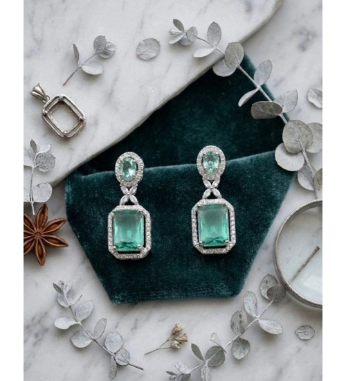 Women's Brass Silver Plated Drop Earrings (Green)