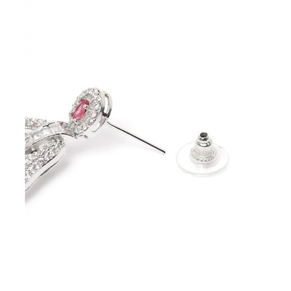 Women's Brass Silver Plated Drop Earrings (Red)