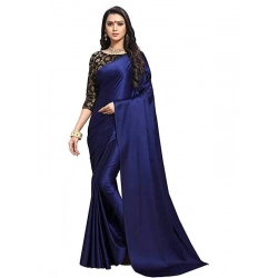 Women's Satin Solid Saree With Unstitched Blouse 5.5Mtr (Navy Blue)