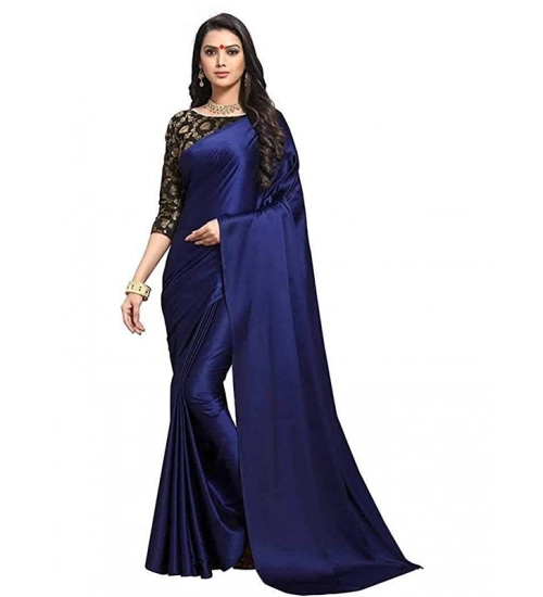Women's Satin Solid Saree With Unstitched Blouse 5.5Mtr (Navy Blue)