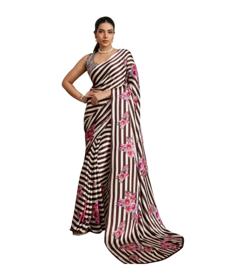 Women's Satin Crepe Printed Saree With Unstitched Blouse 5.5Mtr (Brown)