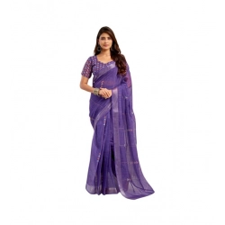 Women's Linen Cotton Printed Ready To Wear Saree With Unstitched Blouse 5.5 Mtr (Purple)
