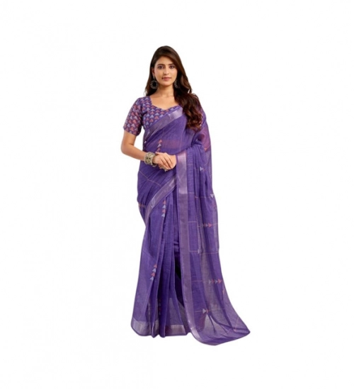 Women's Linen Cotton Printed Ready To Wear Saree With Unstitched Blouse 5.5 Mtr (Purple)