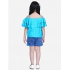 Girl's Rayon Solid Cold Shoulder Top with Shorts (Blue)