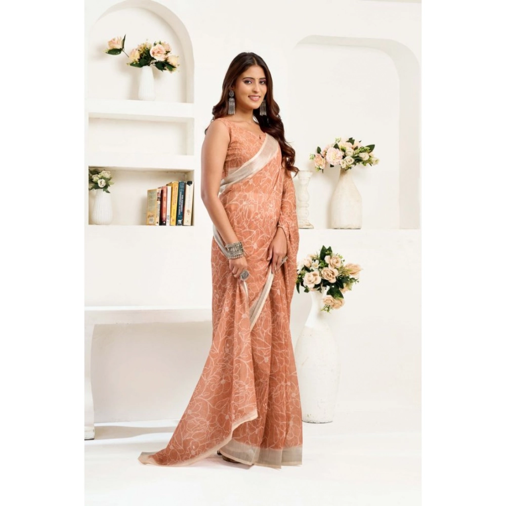 Women's Linen Cotton Printed Ready To Wear Saree With Unstitched Blouse 5.5 Mtr (Peach)