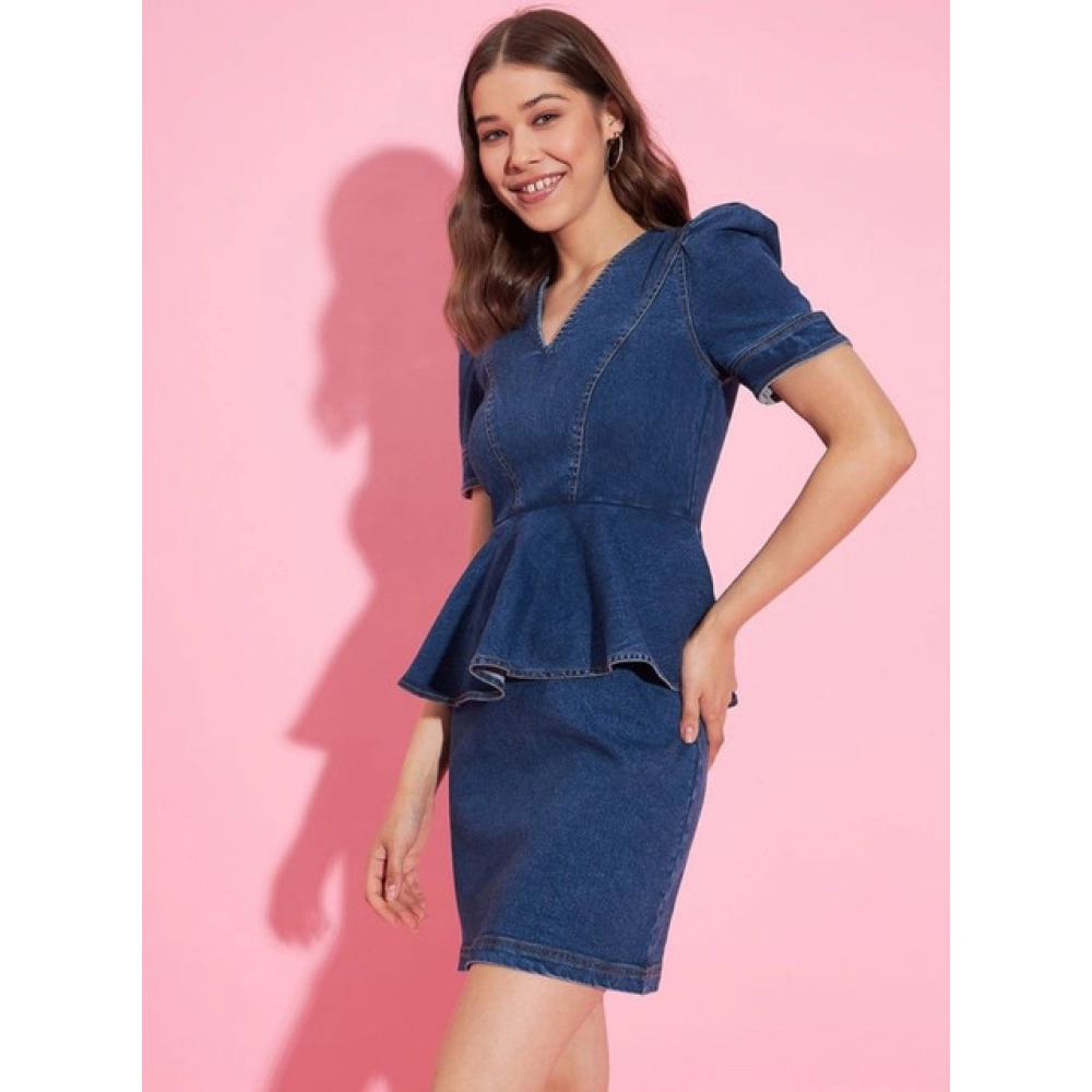 Women's Denim Solid Puff Sleeves Dress (Blue) Women's Denim Solid Puff Sleeves Dress (Blue)