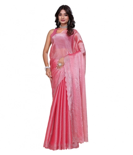 Women's Jimmy choo Embellished Bollywood Saree With Unstitched Blouse 5.5Mtr (Pink)