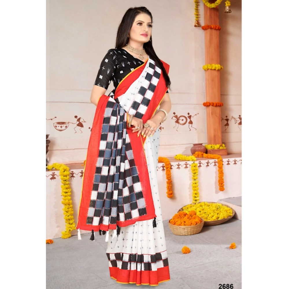 Women's Soft Pure Cotton Printed Saree With Unstitched Blouse 5.5Mtr (White) Women's Soft Pure Cotton Printed Saree With Unstitched Blouse 5.5Mtr (White)