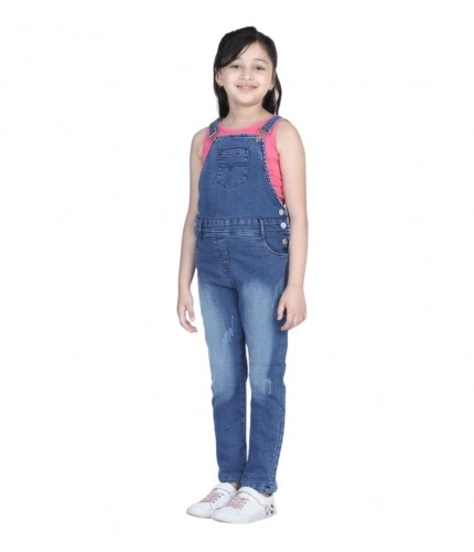 Girl's Denim Washed Buttoned Dungaree (Blue)