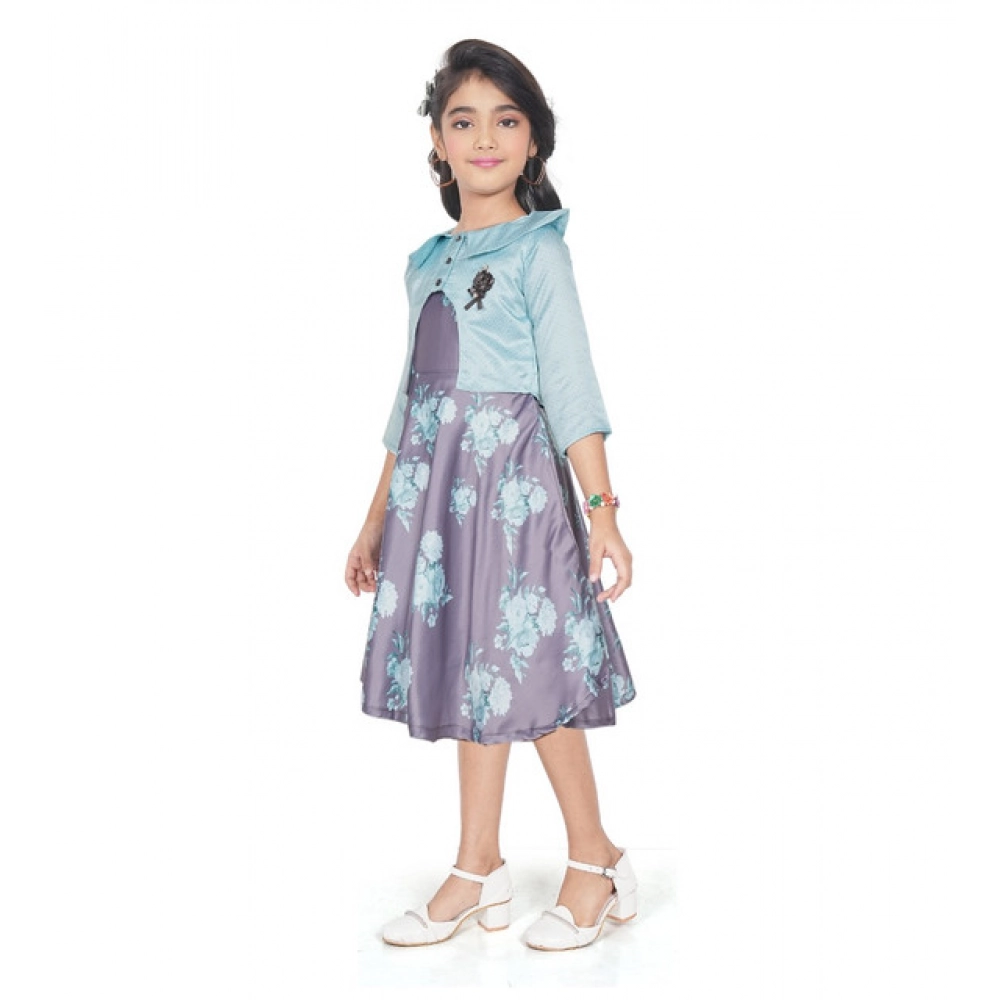 Girl's Satin Printed Sleeve Less Round Neck Dress (Sea Green)