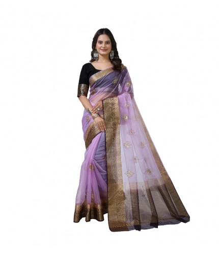 Women's Organza jacquard Embellished Saree With Unstitched Blouse 5.5Mtr (Purple)