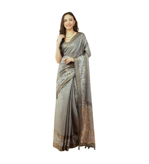 Women's Polyester Printed Saree With Unstitched Blouse 5.5 Mtr (Grey)
