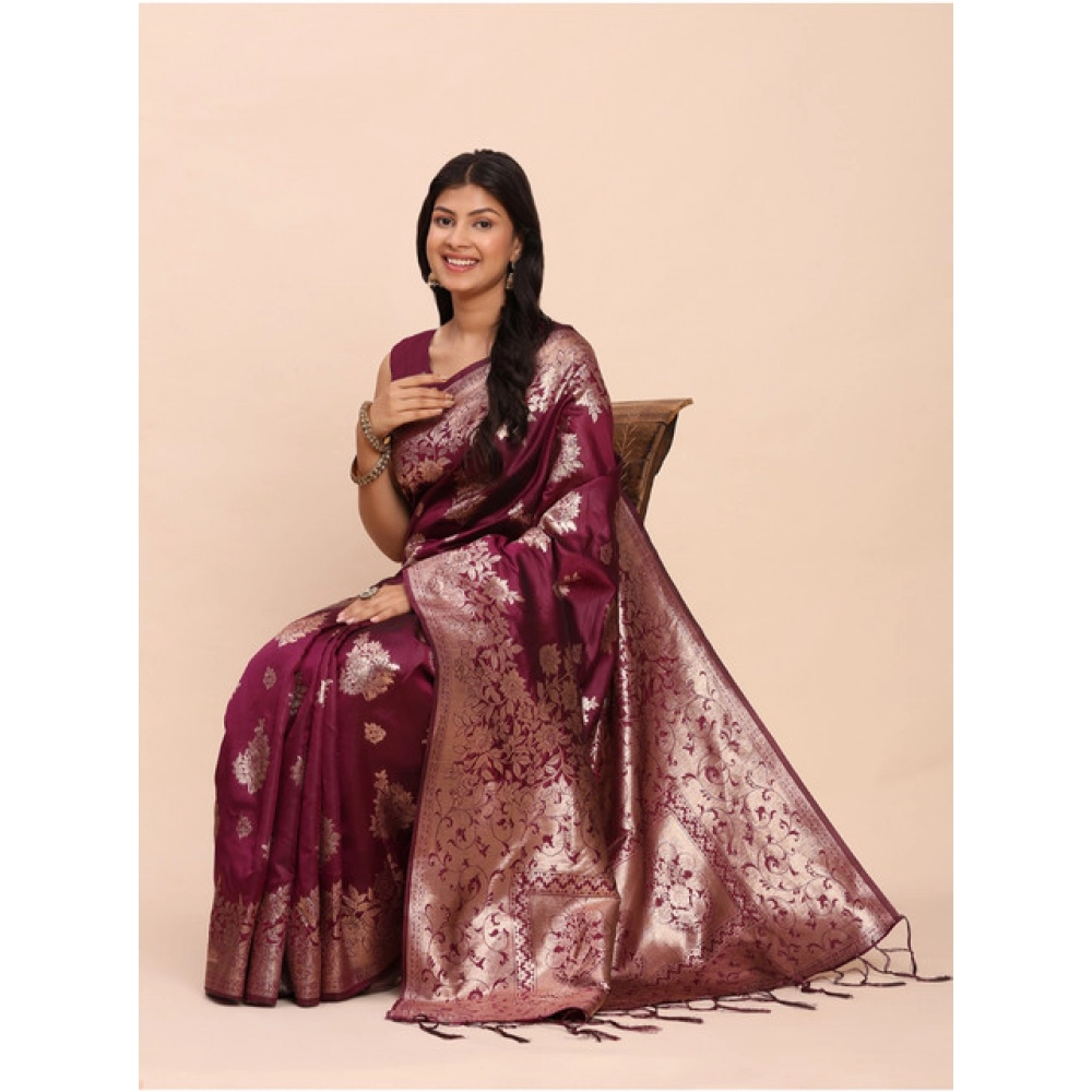 Women's Banarasi Silk Printed Saree With Unstitched Blouse 5.5Mtr (Purple) Women's Banarasi Silk Printed Saree With Unstitched Blouse 5.5Mtr (Purple)