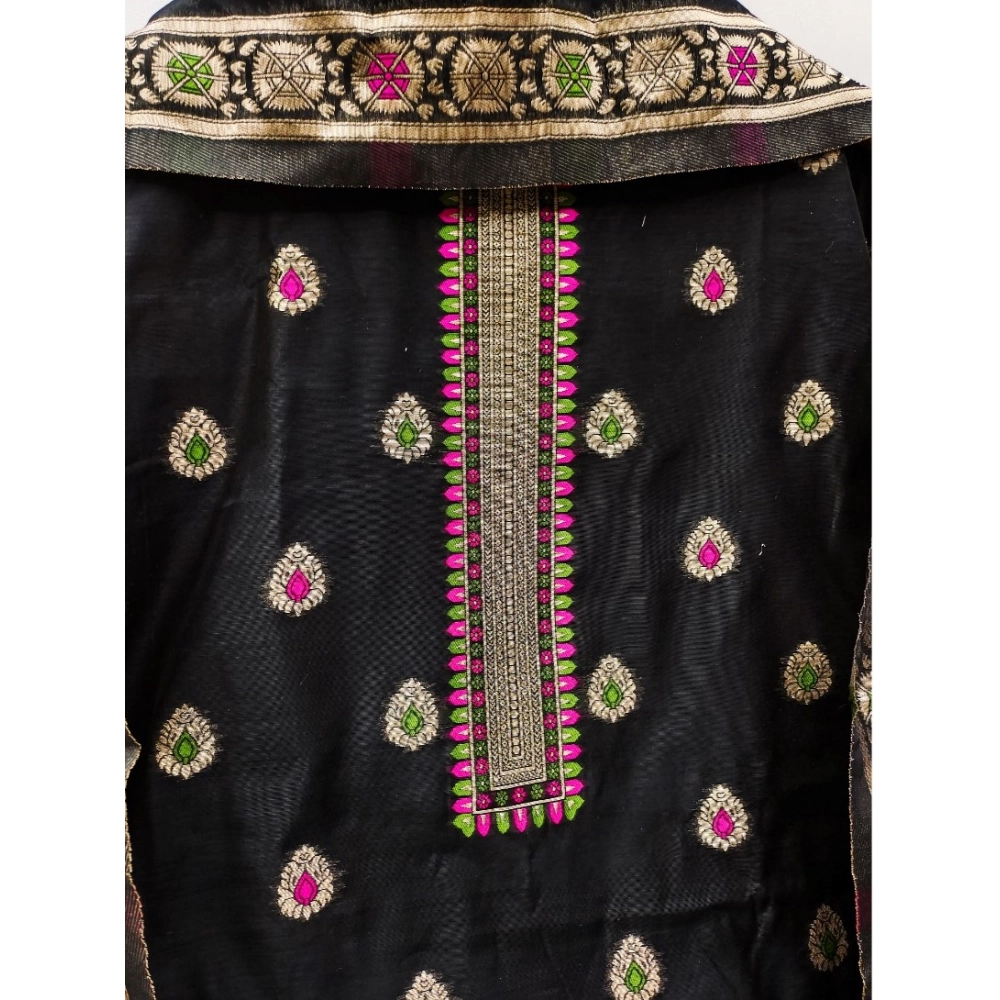 Women's Banarasi Silk Printed Unstitched Salwar Suit Material With Dupatta (Black, 3Mtrs)