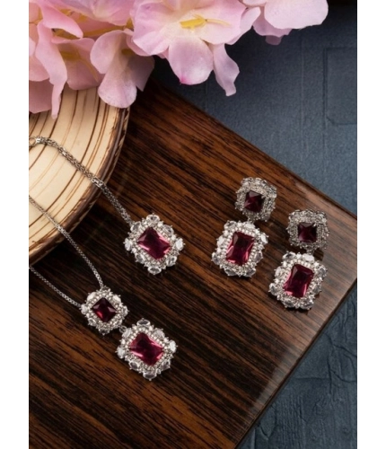 Women's Brass Silver Plated Pendant Set (Red)