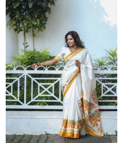 Women's Linen Printed Saree With Unstitched Blouse 5.5Mtr (White)