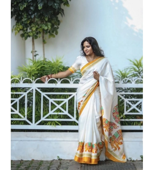 Women's Linen Printed Saree With Unstitched Blouse 5.5Mtr (White)