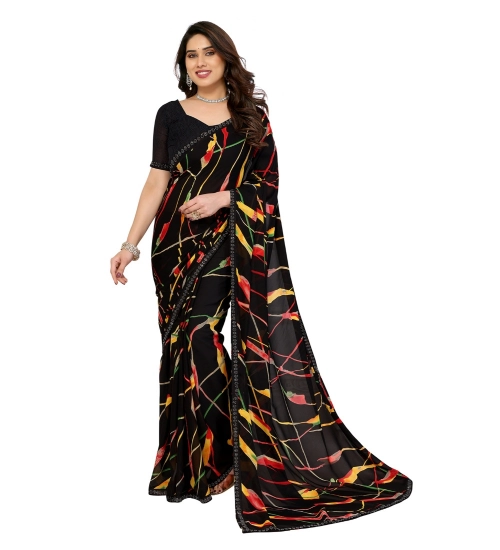 Women's Georgette Printed Saree With Unstitched Blouse 5.5Mtr (Black)