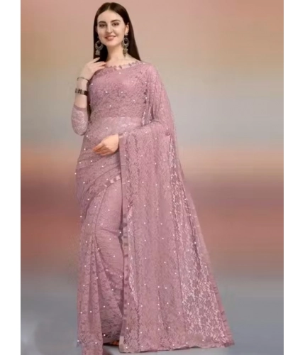 Women's Net Self Design Saree With Unstitched Blouse 5.5Mtr (Light Brown)