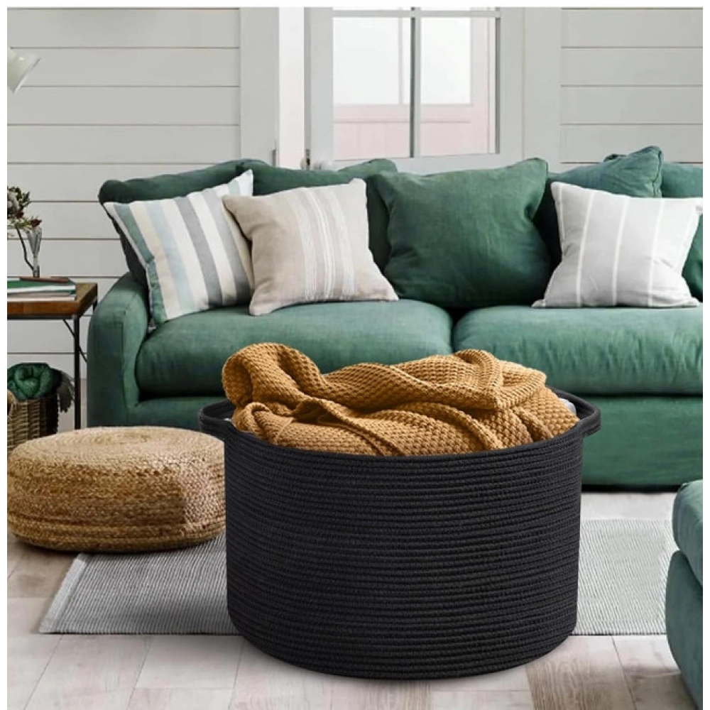 Cotton 14x12 Inch Pack of 1 Storage Basket For Clothes (Black)