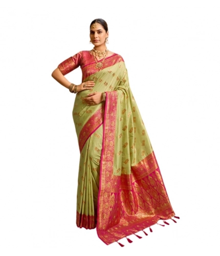 Women's Silk Blend Booti Work Ready to wear Saree With Unstitched Blouse 5.5Mtr (Green)