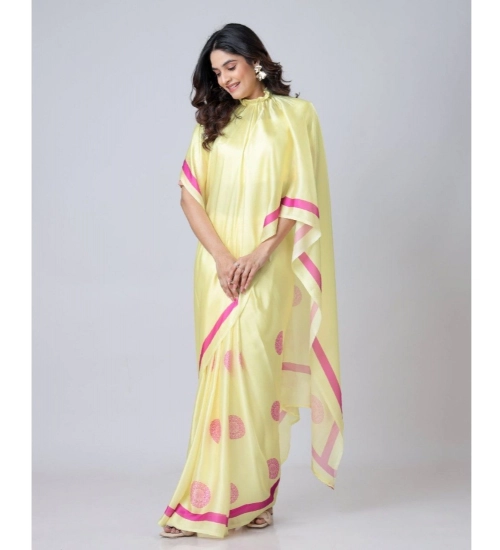Women's Soft Crepe Silk Printed Ready To Wear Saree With Unstitched Blouse 5.5Mtr (Light Yellow)