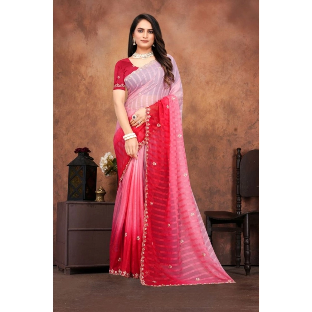 Women's Chiffon Embroidred Saree With Unstitched Blouse 5.5Mtr (Pink) Women's Chiffon Embroidred Saree With Unstitched Blouse 5.5Mtr (Pink)