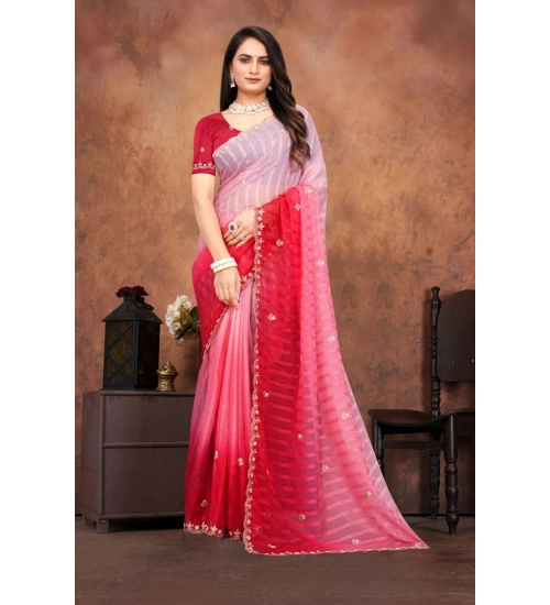 Women's Chiffon Embroidred Saree With Unstitched Blouse 5.5Mtr (Pink)
