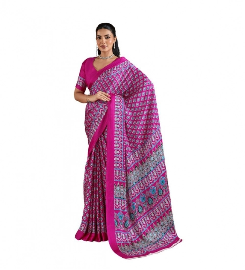 Women's Satin Crepe Printed Saree With Unstitched Blouse 5.5Mtr (Pink)