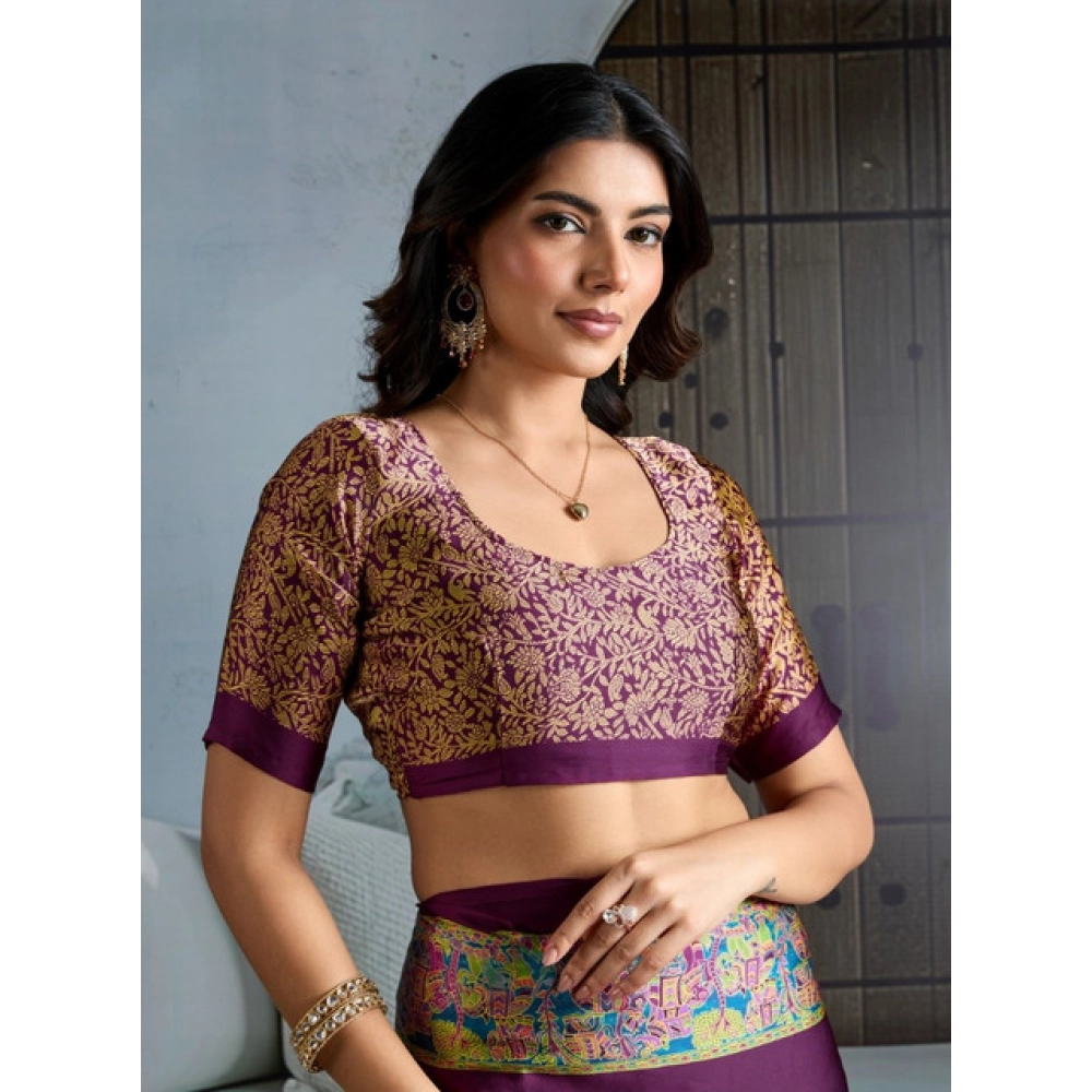 Women's Satin Crepe Printed Saree With Unstitched Blouse 5.5Mtr (Purple)